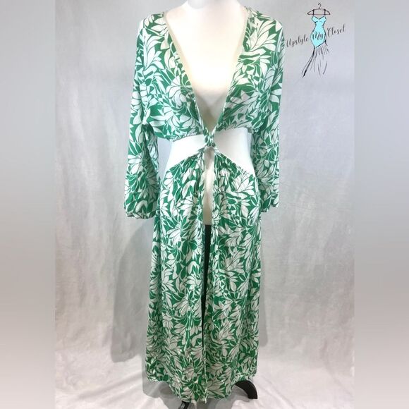 Shade & Shore long sleeve green and white twist front maxi cover up size XL - Picture 5 of 9